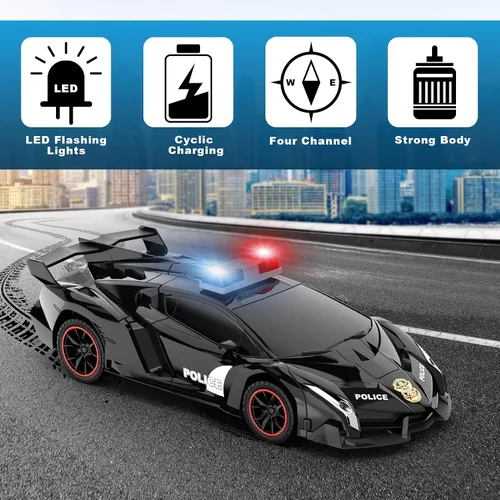 Vista 9 de FDJ - Auto a control remoto que se transforma en robot, transformación con un botón a robot con luz intermitente, juguete de policía para niños