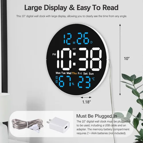 Vista 2 de JoFomp Reloj de pared digital grande de 10 pulgadas con control remoto, pantalla LED, reloj despertador digital enchufable, brillo automático, DST
