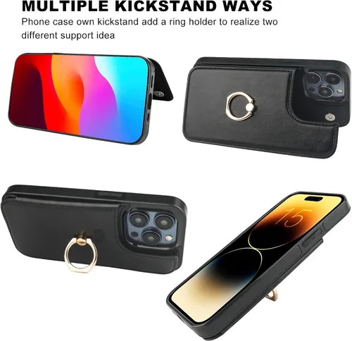 Vista 4 de ONETOP - Funda tipo cartera para iPhone 15 Pro con soporte para tarjetas, anillo de rotación de 360°, bloqueo RFID, piel sintética, doble cierre