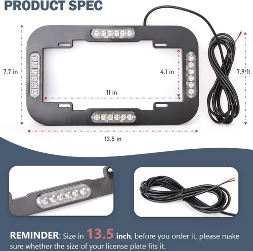 Vista 4 de Luces estroboscópicas de 13.5 pulgadas con 24 luces LED para matrícula, impermeable, marco de matrícula, luces de advertencia amarillas ámbar