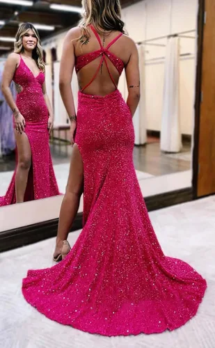 Vista 2 de Zhongde Vestidos de fiesta de lentejuelas brillantes, con cuello en V, corte de sirena, vestidos de noche con abertura