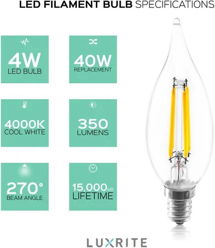 Vista 6 de Luxrite LR21240 - Bombilla LED de filamento para candelabro de 4 W, equivalente a 40 W, blanco frío 4100 K, 350 lúmenes, extensión de haz de 270°