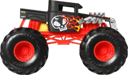 Vista 3 de Hot Wheels Monster Trucks, camión monstruo de gran tamaño, camión de juguete fundido a presión a escala 1:24 con ruedas gigantes y diseños geniales