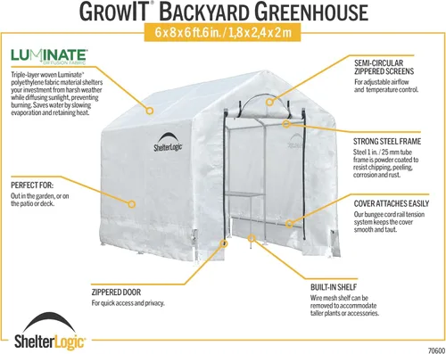 Vista 4 de ShelterLogic Invernadero GrowIT de 6' x 8' x 6.5' Estilo Techo a Dos Aguas Casa de Cultivo para Patio Trasero con Estantería Integrada, 6' x 8' x