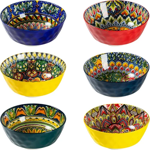 Vista 8 de Henten Home Juego de 6 cuencos pequeños para postre, juego de cuencos de arroz de cerámica de 12 onzas, cuencos coloridos de porcelana para Bohemio