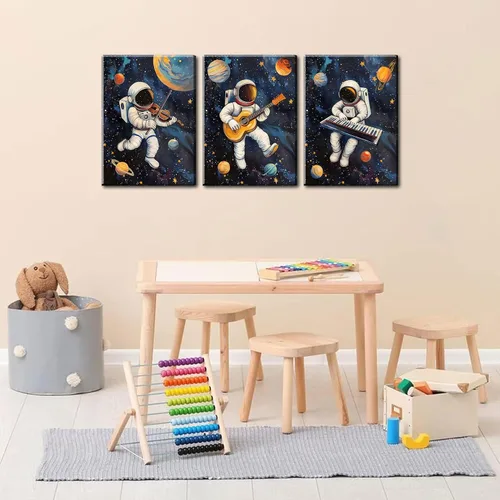 Vista 6 de 3 piezas de arte de pared de astronauta espacial musiic lienzo lindo astronauta músico decoración imágenes divertidas piano guitarra violín carteles