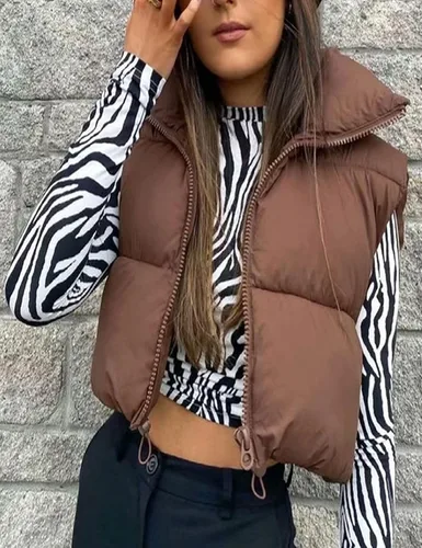 Vista 2 de Bozanly Chaleco acolchado corto para mujer, con cremallera, cuello alto, sin mangas, acolchado