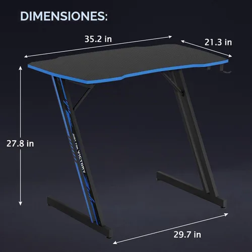 Vista 3 de PayLessHere Mesa de Juegos de 35" Azul Escritorio de Computadora en Forma de Z con Marco de Acero, Gancho para Auriculares, Pies Ajustables