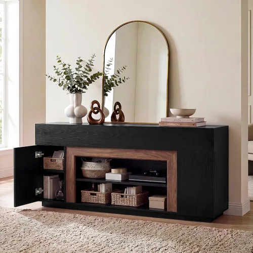 Vista 7 de YESHOMY 70" TV Stand for 80" TV, Modern Thick Block TV Cabinet, Black