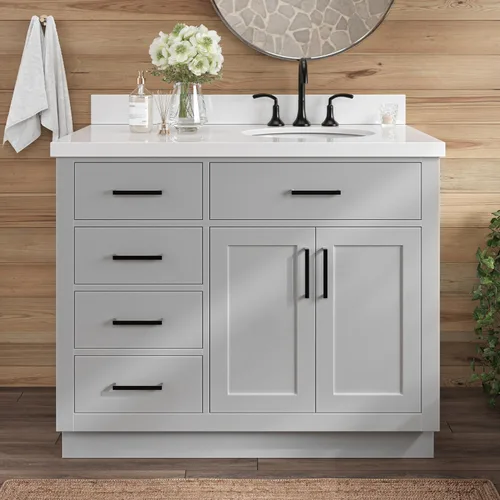 Vista 70 de ARIEL Hepburn - Tocador de baño de 30 pulgadas con fregadero, madera maciza, encimera y protector contra salpicaduras de cuarzo blanco puro de 1.5