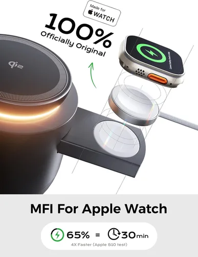 Vista 3 de Estación de carga inalámbrica magnética Qi2 4 en 1, cargador rápido de 15 W con módulo de carga hecho para Apple Watch, para iPhone 17-12 Series