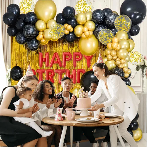 Vista 6 de Paquete de 50 globos de látex metálicos negros y dorados de 12 pulgadas con 1 rollo de cinta para decoración de cumpleaños, graduación, celebración