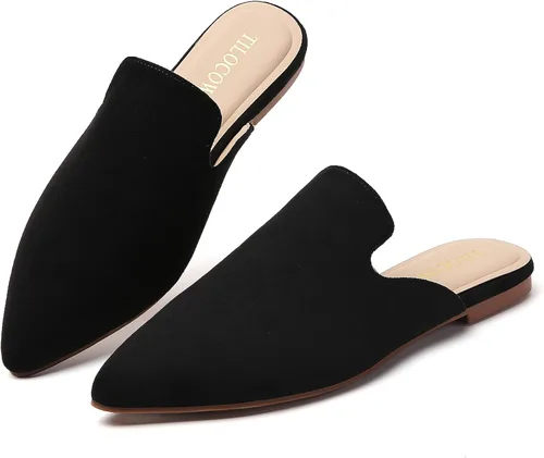 Vista 20 de Tilocow Mules para mujer, cómodos mocasines puntiagudos, sin espalda, planos, zapatos casuales de negocios, deslizantes, sin cordones beige
