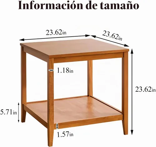 Vista 2 de Mesa auxiliar, mesa auxiliar cuadrada de madera maciza con estante de almacenamiento, mesa auxiliar de 2 niveles para sala de estar, mesa de sofá