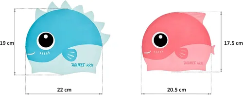 Vista 2 de Gorro de natación para niños, cabeza de animal, de silicona, divertido diseño de tiburón, azul y rosa, para cabello largo y corto, para niños y niñas