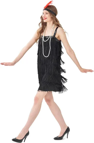 Vista 2 de Disfraz de flapper de los años 20 para mujer, gran vestido de Gatsby con collar y diadema