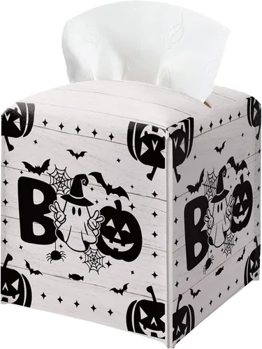Vista 14 de Soporte para caja de pañuelos de Halloween con tapa cuadrada de cuero negro, organizador de papel facial, dispensador de papel higiénico para baño