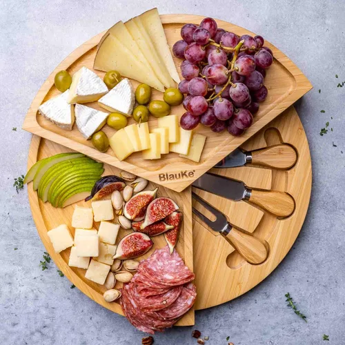 Vista 5 de Juego de tabla de queso de bambú y cuchillos, tabla redonda de charcutería de 14 pulgadas, bandeja para servir, plato, juego de tablas de queso