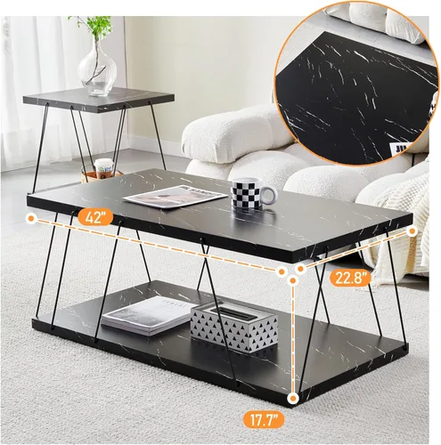 Vista 2 de Btrpily Mesa de centro de madera, moderna mesa de centro de mármol, contemporánea, elegante, muebles de alta gama para tu sala de estar