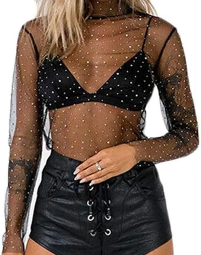 Vista 3 de Top sexy de malla transparente para mujer, con diamantes de imitación de manga larga