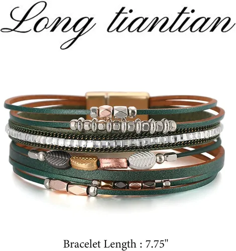 Vista 7 de Long tiantian Pulseras de cuero para mujer, de moda, bohemias, con dije de círculo, apiladas, pulseras de varias capas, joyería, regalos de Navidad
