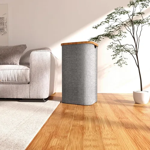 Vista 4 de Cesta de lavandería de 100 litros con tapa, cesta para la ropa sucia con asas de bambú y bolsa interior extraíble, cestas de ropa para lavandería