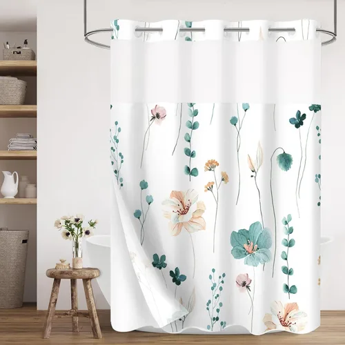 Vista 9 de Gibelle Juego de cortina de ducha pequeña sin gancho con forro de tela a presión, 36 x 74 pulgadas, cortina de ducha de flores azules y beige