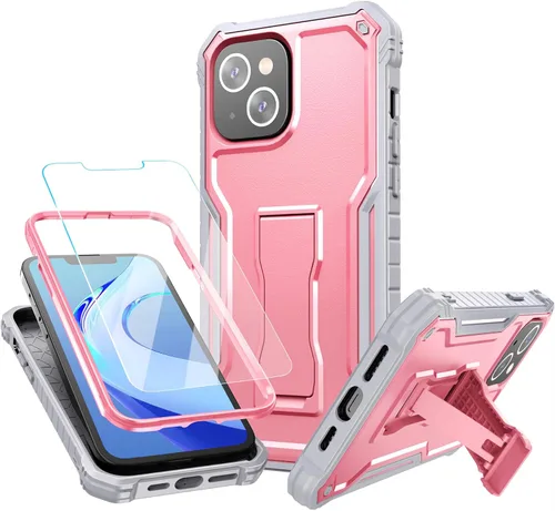 Vista 18 de FITO Funda para Apple iPhone 13, doble capa a prueba de golpes resistente con protector de pantalla de vidrio templado y soporte integrado (verde)