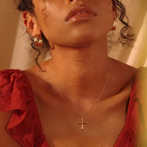 Vista 168 de Fettero - Collar con dije de cruz de fe, chapado en oro de 14 K, cadena fina, minimalista, simple, pequeña, para oración, regalo de joyería religiosa
