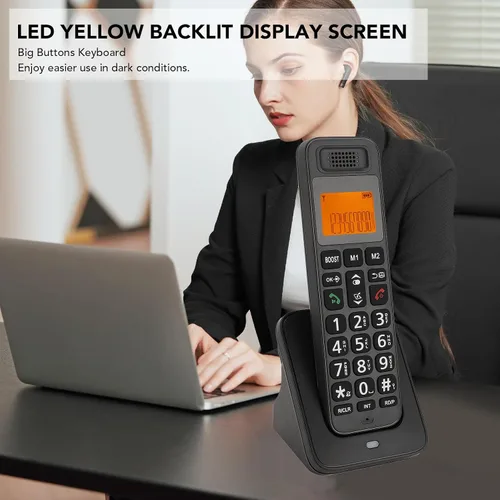 Vista 2 de PUSOKEI Teléfono inalámbrico con DECT 6.0, altavoz dúplex completo con pantalla LCD, teclas grandes, teclado iluminado, bloqueo de llamadas, aumento