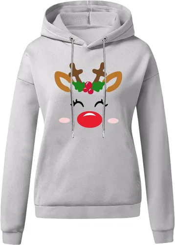 Vista 3 de Sudaderas con capucha de Navidad para mujer, linda sudadera con estampado de renos, manga larga, talla grande, con cordón, para adolescentes y niñas