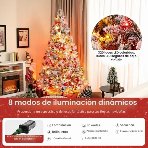 Vista 2 de Goplus - Árbol de Navidad artificial de 7 pies con nieve ya colocada, árbol de Navidad artificial con bisagras, con 320 luces LED multicolor, 8