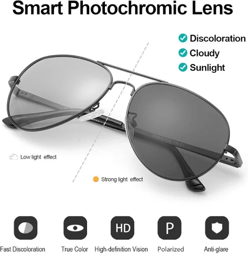 Vista 2 de SODQW Gafas de sol polarizadas fotocromáticas para hombre, gafas de sol deportivas de aviador, protección UV 400 con marco de metal grande