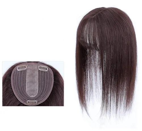 Vista 10 de LXUE Parte superior de cabello humano con base de seda natural para mujeres con cabello gris y delgado, 5 x 5.5 pulgadas, base con flequillo, 8.7