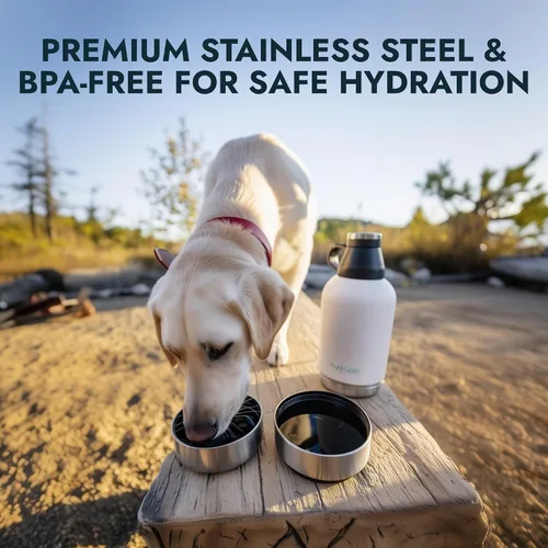 Vista 2 de Hydropet Botella de agua portátil para perros (32 onzas), botellas aisladas de viaje para perros y gatos, acero inoxidable, cuenco de comida