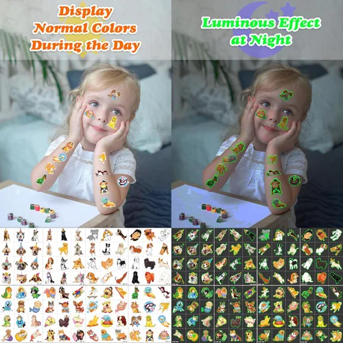 Vista 7 de 96 tatuajes temporales para perros y mascotas para niños, resplandor luminoso en la oscuridad, calcomanías de tatuajes falsos de animales