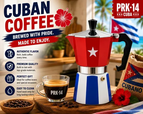 Vista 5 de PRK 14 Cafetera cubana Greca Pot de aluminio con diseño de bandera de Cuba Cafetera de café tradicional para café cubano auténtico, 6 tazas