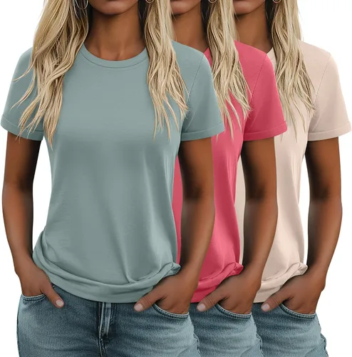 Vista 25 de Huukeay Paquete de 3 camisetas de algodón para mujer, estilo casual, de manga corta, cuello redondo, ajuste holgado, básica, lisa