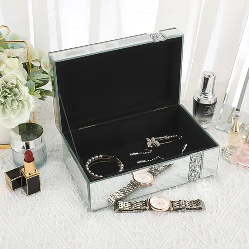Vista 3 de Hipiwe Joyero de cristal con diamantes de imitación organizador de baratijas con espejo plateado caja decorativa de almacenamiento para mujeres