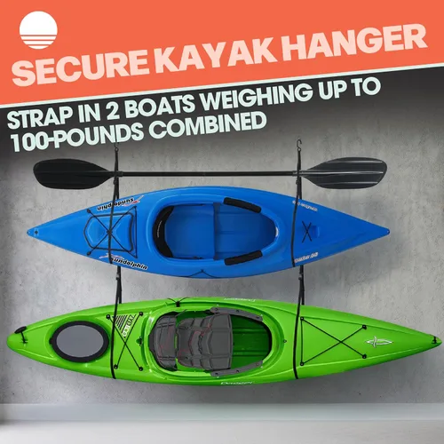 Vista 5 de Kayak Rack -Capacity Wall or Ceiling Storage Straps for Surfboards, Paddleboards, SUP, or Canoe - Adjustable Kayak Hanger by RAD Sportz