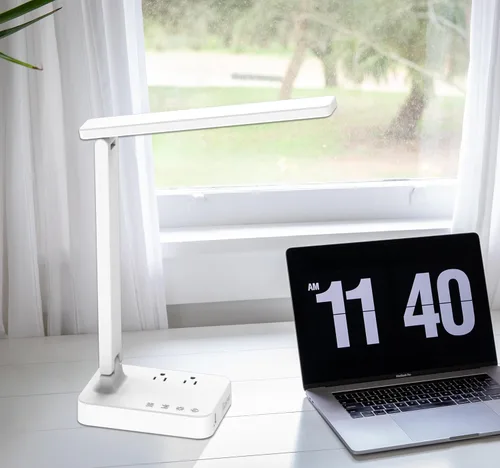 Vista 7 de Drevet Lámpara de escritorio LED, luz de escritorio con 1 puerto de carga USB y 2 tomas de corriente alterna, 3 modos de iluminación, 3 niveles