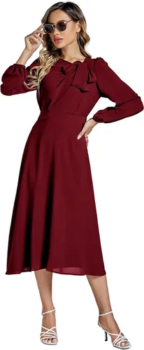 Vista 6 de LYANER Elegante vestido midi acampanado con cuello redondo y manga larga abombada para mujer