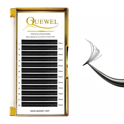 Vista 8 de QUEWEL - Extensiones de pestañas Easy Fan 0.03mm Rizo C Extensiones de pestañas de 10mm Bandejas de pestañas individuales Negras mate Ultra ligeras