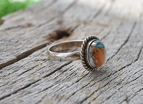 Vista 4 de Anillo de plata de compromiso con piedras preciosas de cobre turquesa y forma ovalada, anillo de plata de compromiso, joyería de nacimiento