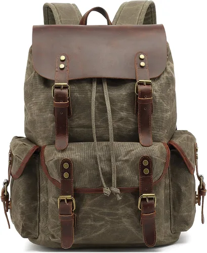 Vista 2 de Mochila de cuero genuino encerado de lona Lmagice para viajes, rústica para portátil en verde ejército Verde militar