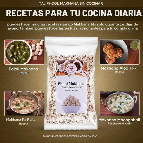 Vista 3 de TAJ Uncooked Phool Makhana - Paquete a granel de 14 onzas, nuez de zorro, semillas de loto reventadas