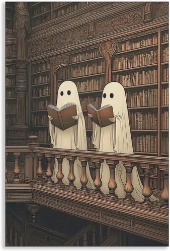 Vista 8 de Lienzo decorativo de Halloween para pared, póster de fantasma y gato negro en la bañera, imagen espeluznante de fantasma y flores, impresión