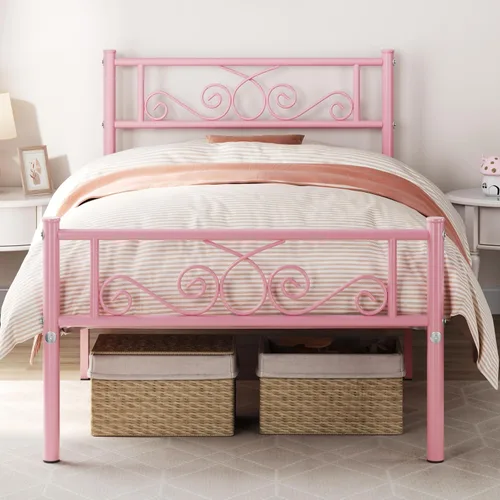 Vista 12 de Yaheetech - Base de cama, plataforma clásica de metal con cabecera y estribo - base de colchón con diseño floral para adultos, niñas, niños Negro
