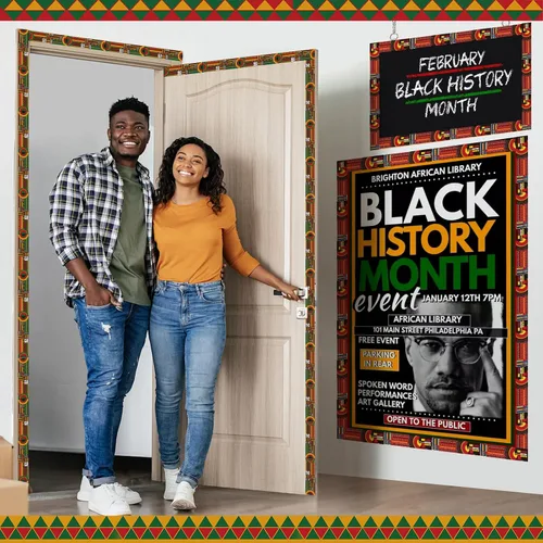 Vista 5 de Tablero de anuncios del mes de la historia negro de 72 pies, borde Kente, decoración de aula, papel de doble cara para celebración afroamericana
