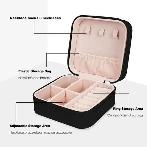 Vista 4 de Organizador de joyas pequeño, joyero de viaje, portátil, anillos, aretes, collares, vitrina, cajas de joyería para mujeres y niñas, color negro